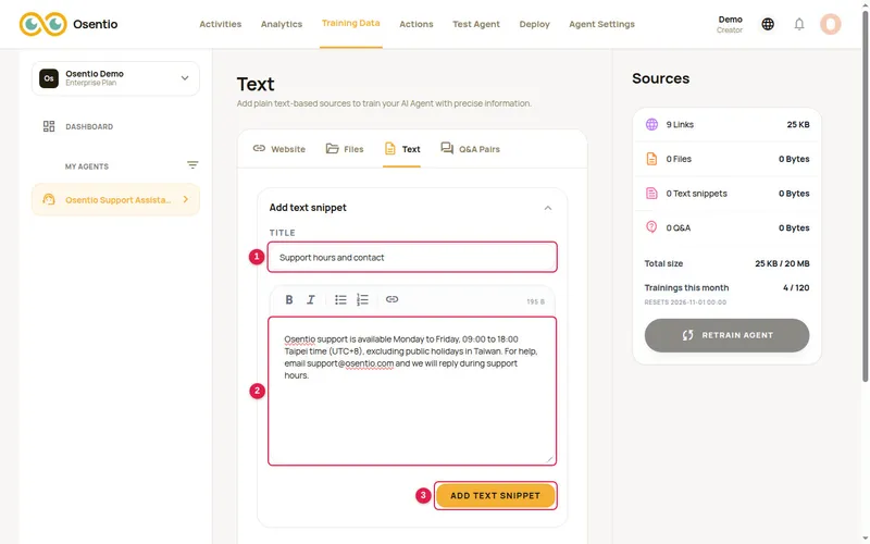 Adding a text snippet