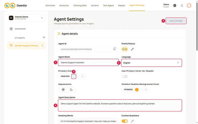 Agent settings: agent details